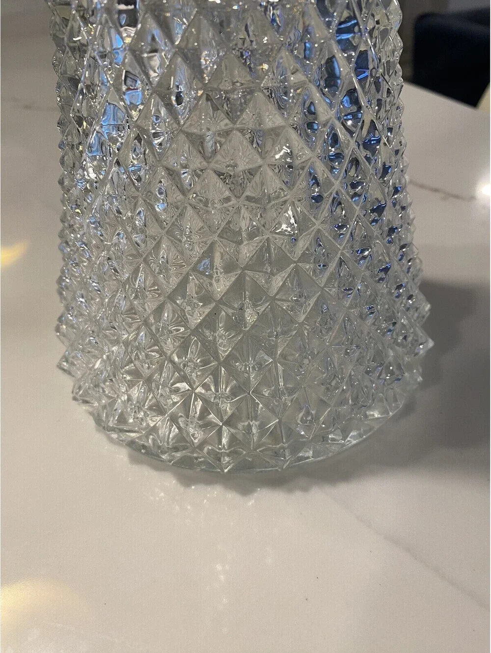 Vintage Large Diamond Point Glass Silver Plated Top Decanter Pitcher Ice Tube